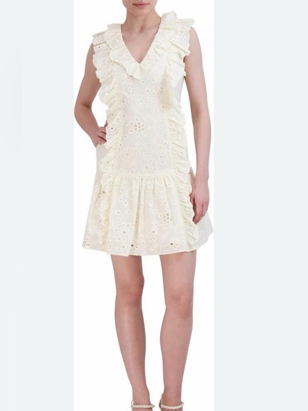 BCBGMaxAzria Cream Eyelet Ruffle V-Neck Dress